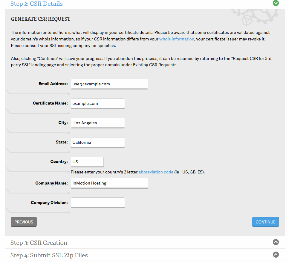 filled in CSR request form