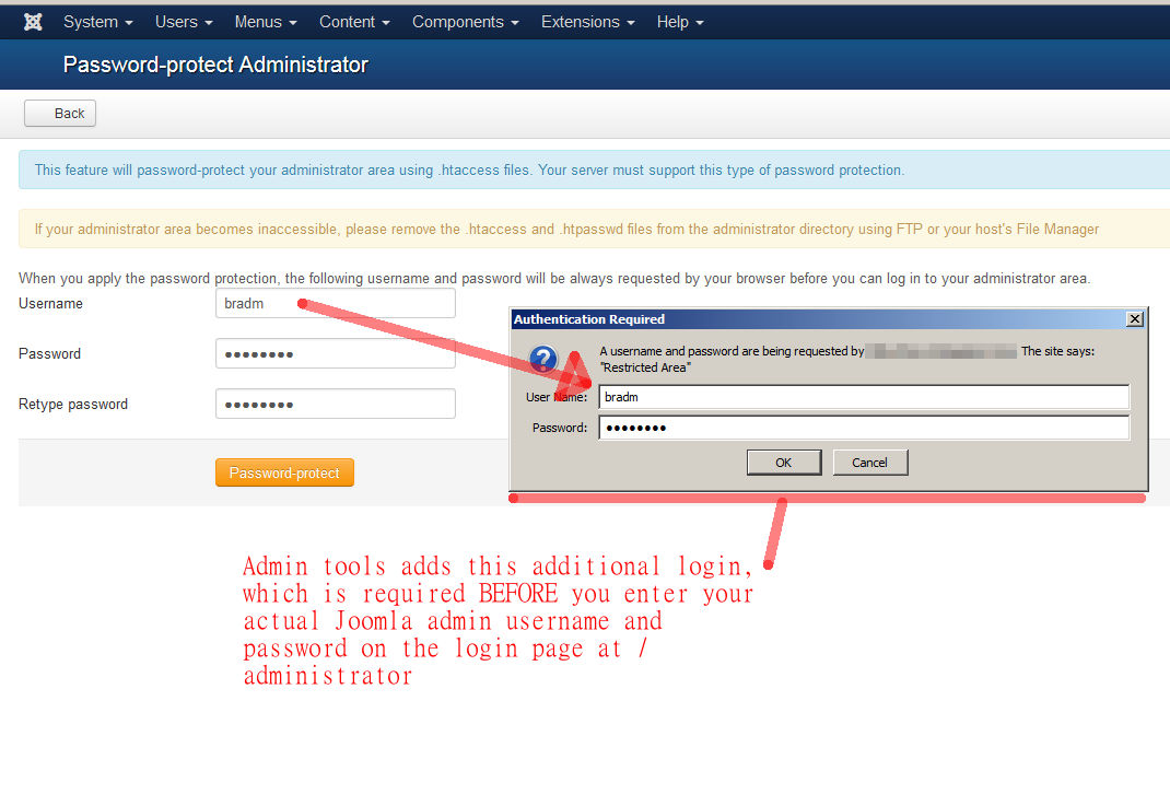 Password-proect Administrator popup