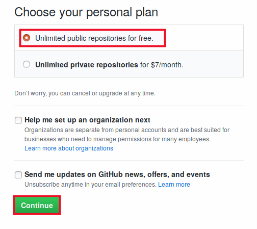 Choose GitHub plan