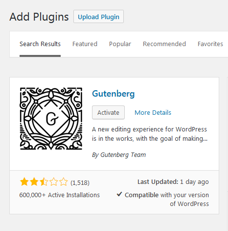 Install Gutenberg through plugins step 4