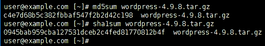 Screenshot of md5sum and sha1sum for wordpress-4.9.8.tar.gz file in SSH