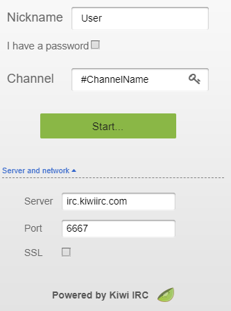 Screenshot showing nickname User, channel #ChannelName, server  irc.kiwiirc.com, and port 6667