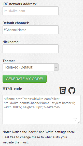 Screenshot of creating IRC widget with #ChannelName channel