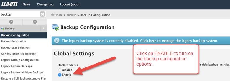 Enable Backup configuration if necessary