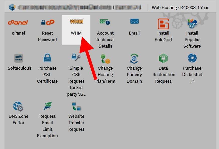 Click on the WHM icon to access the Web Host Manager interface