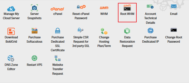Screenshot of AMP account section selecting 'Root WHM'