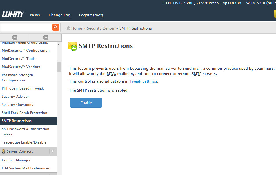SMTP Restrictions menu