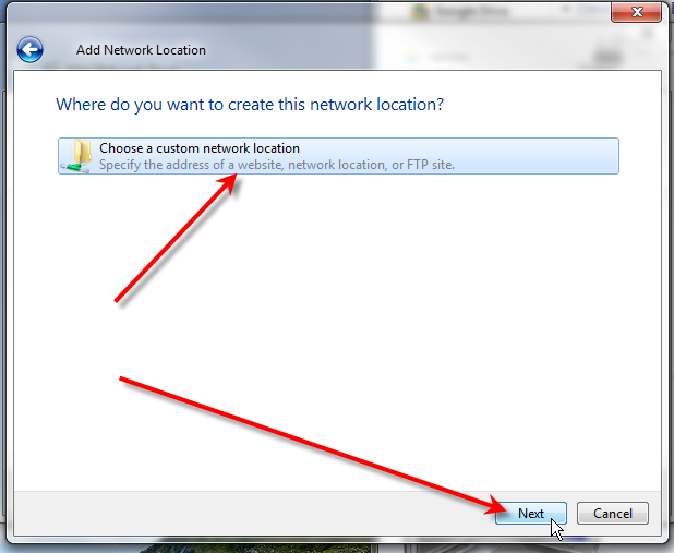 click choose a custom network location click next