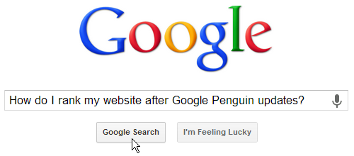 Google search bar with how do I rank my website after Google Penguin updates? typed in
