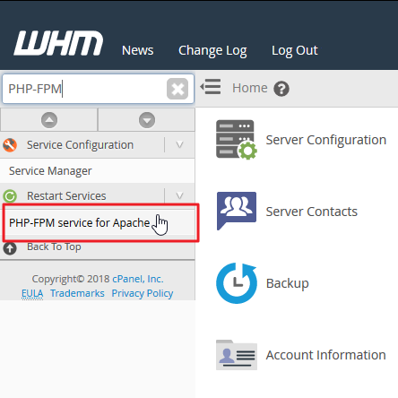 Screenshot in WHM selecting PHP-FPM service for Apache