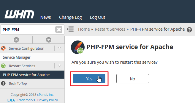 Screenshot in WHM selecting Yes to restart PHP-FPM service