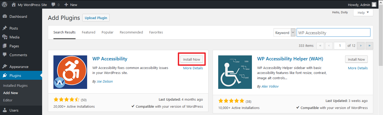 WordPress dashboard screenshot selecting 'Activate' for WP Accessibility