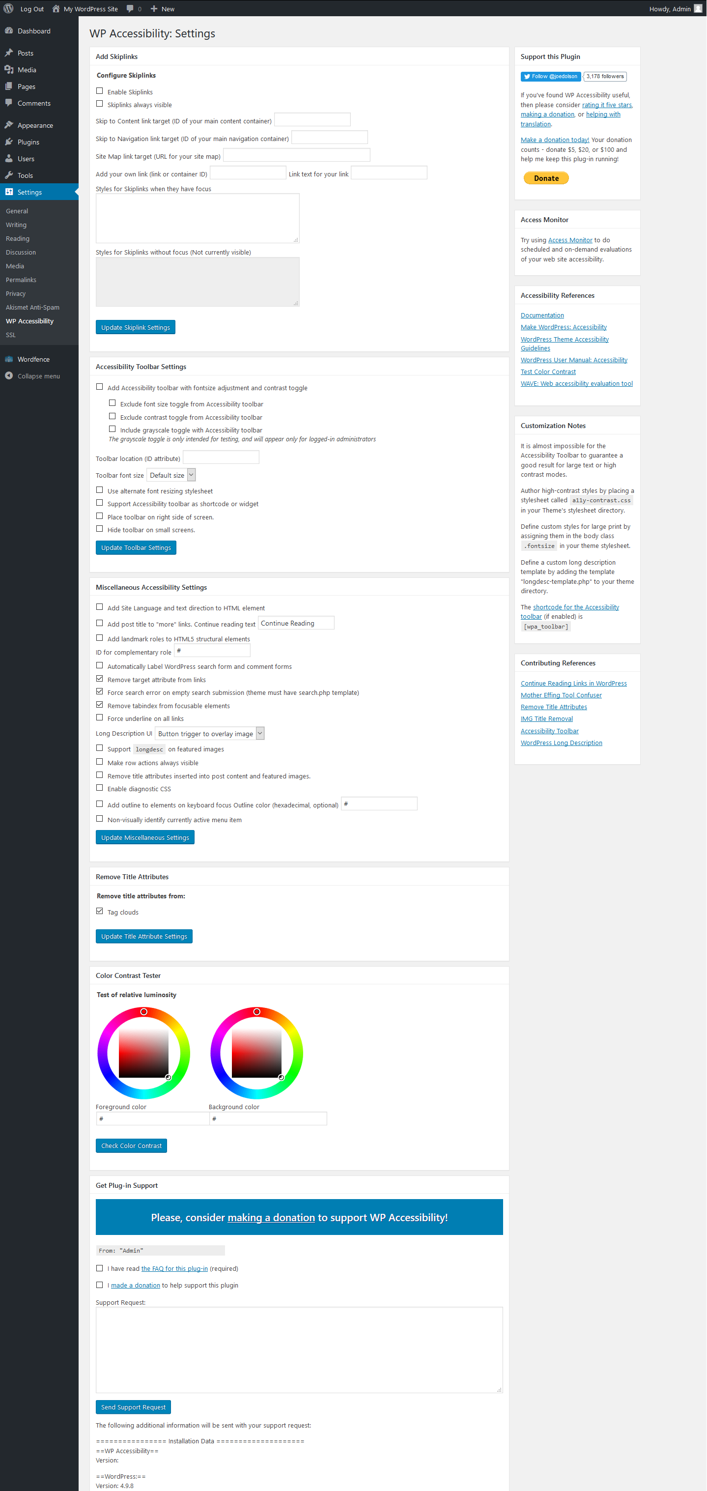 WordPress dashboard screenshot showing WP Accessibility configuration settings