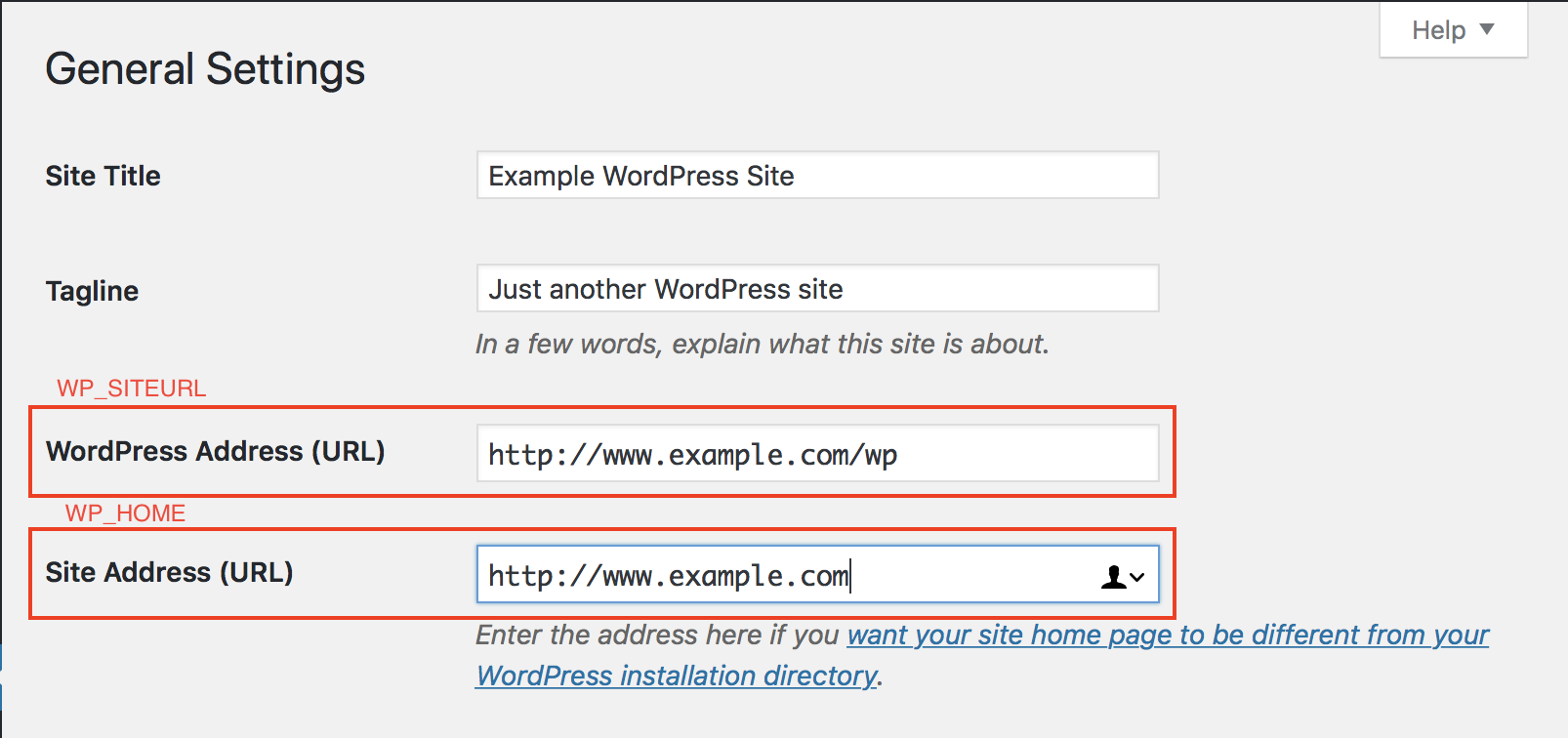 WordPress URL settings in admin dashboard