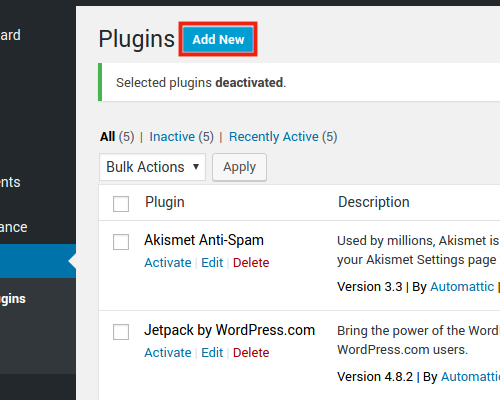 Click Add New at top of Plugins screen