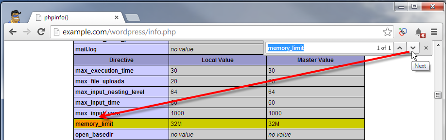 phpinfo page showing memory limit