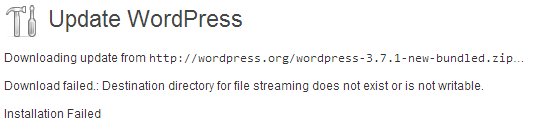 WordPress core update failed