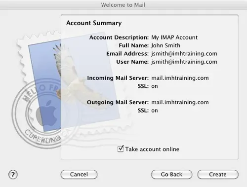 Mac Mail Account Summary and Confirmation