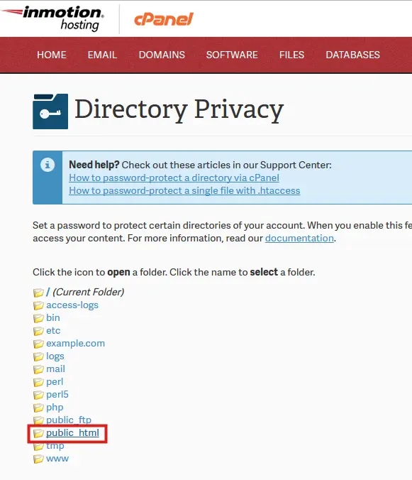 Set permissions for directory screen displaying directory listing with public_html directory highlighted as selection.