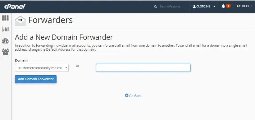 cpanel domain forwarder setup page