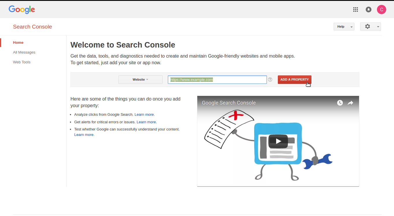 Add your property (website's URL) to Google Search Console