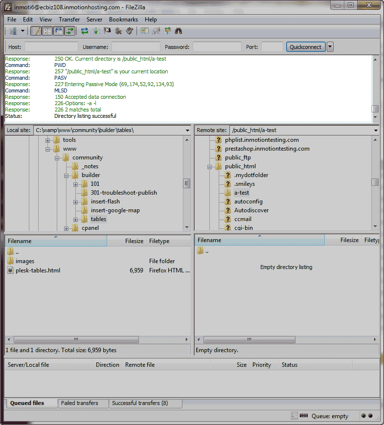 FileZilla connection window