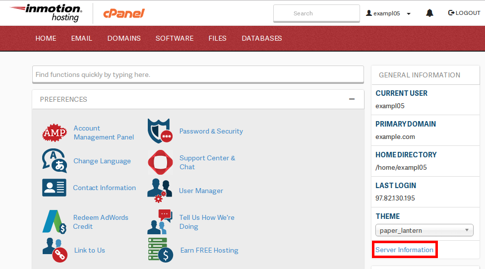 Left menu pane stats for the cpanel account