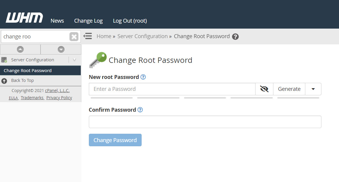 change root password in WHM