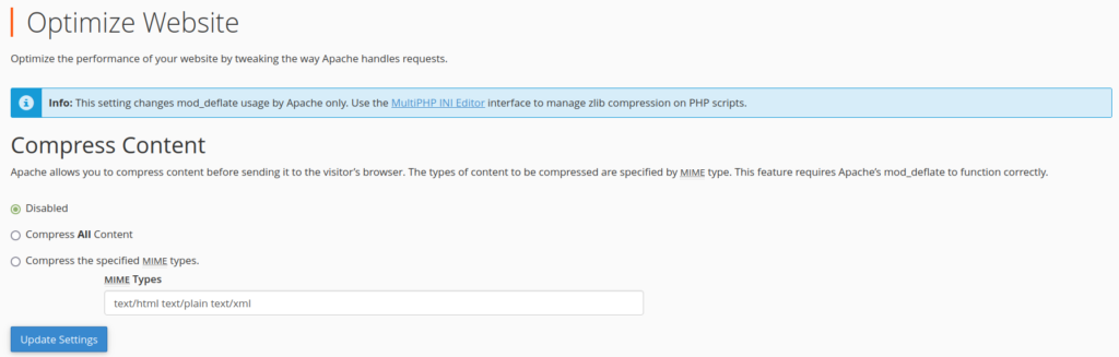 Optimize Website cPanel App for mod_deflate