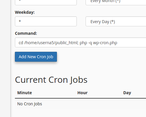 fill in cron job command click add new cron job