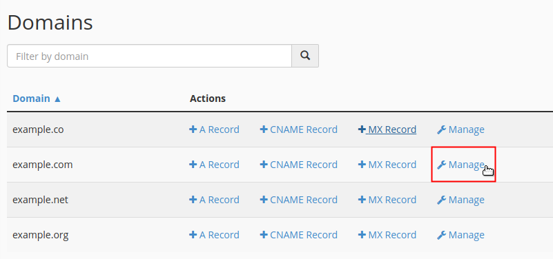 Click Manage link next to domain