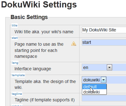 To change template dokuwiki select default