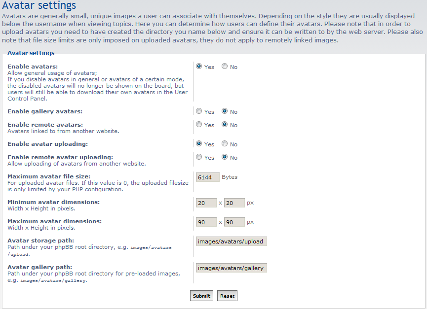 list of avatar configuration settings
