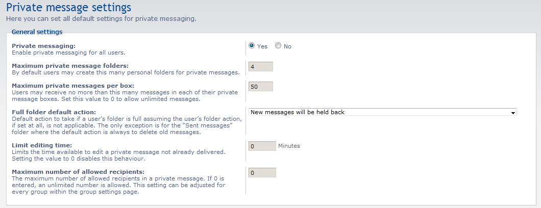 list of settings for private messages