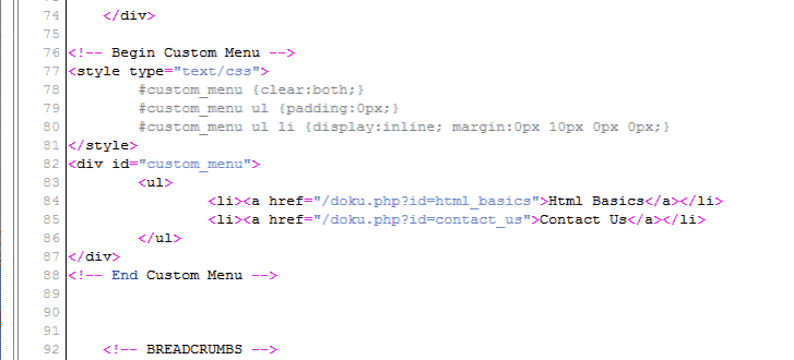 Custom code for menu DokuWiki