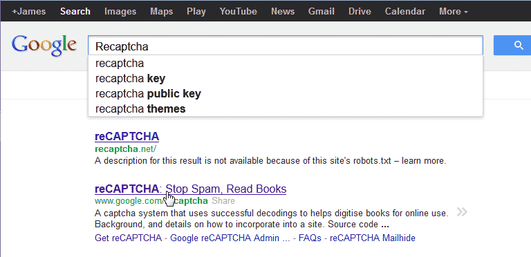 Search for Google reCAPTCHA