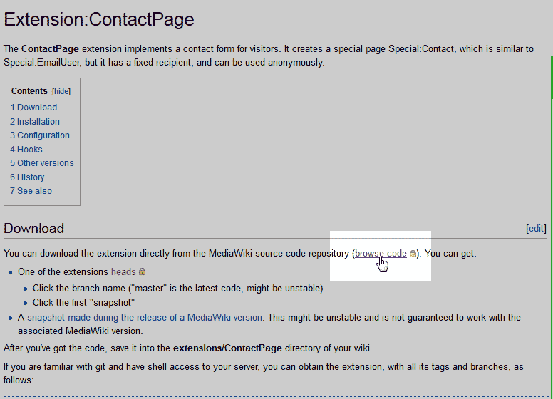 Click browse code ContactPage MediaWiki