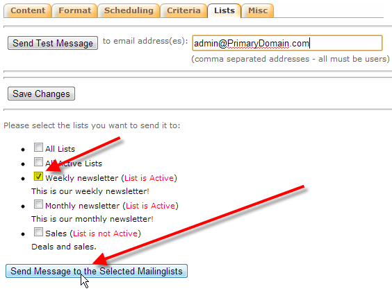 select mailing lists to mail then click send message