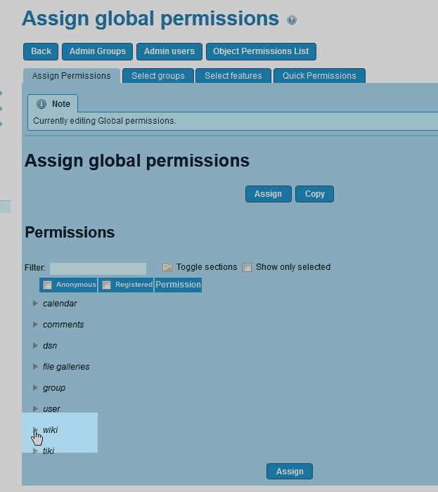 Click wiki in the permissions TikiWiki