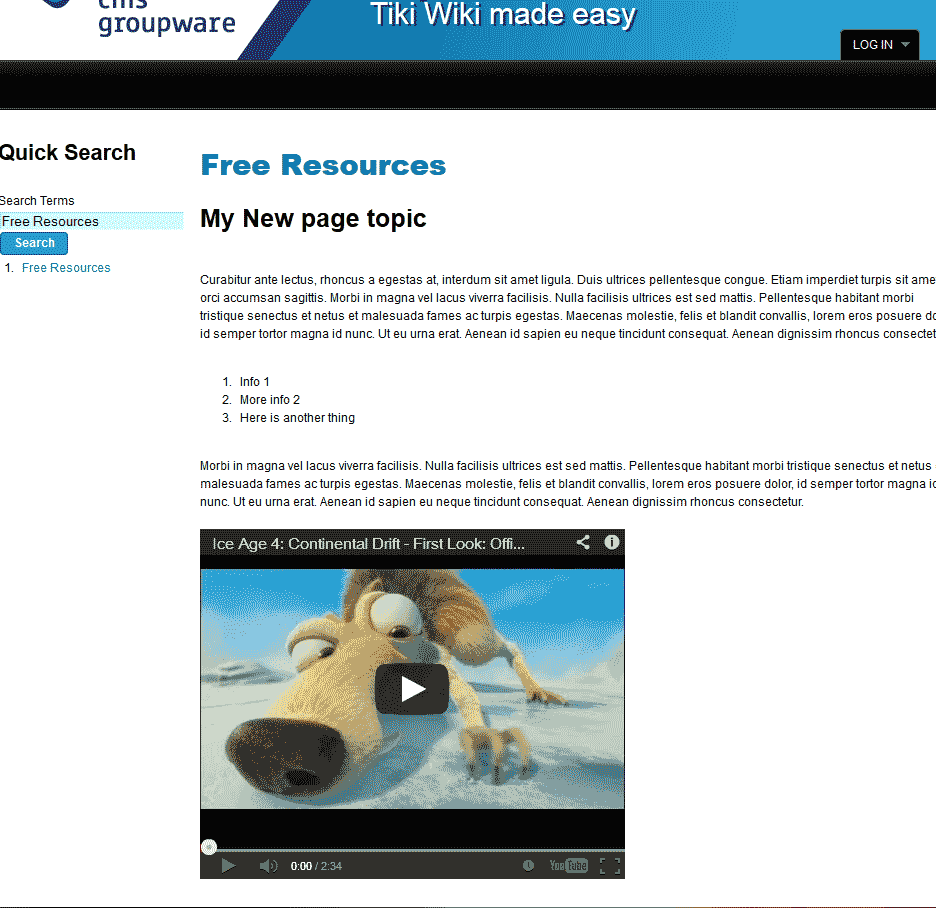 TikiWiki with YouTube video inserted