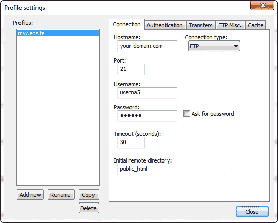 Connection settings Notepad++
