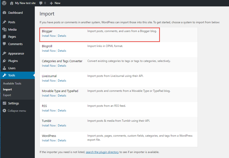 Select blogger from import list WordPress