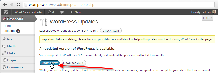 wordpress admin click on update now