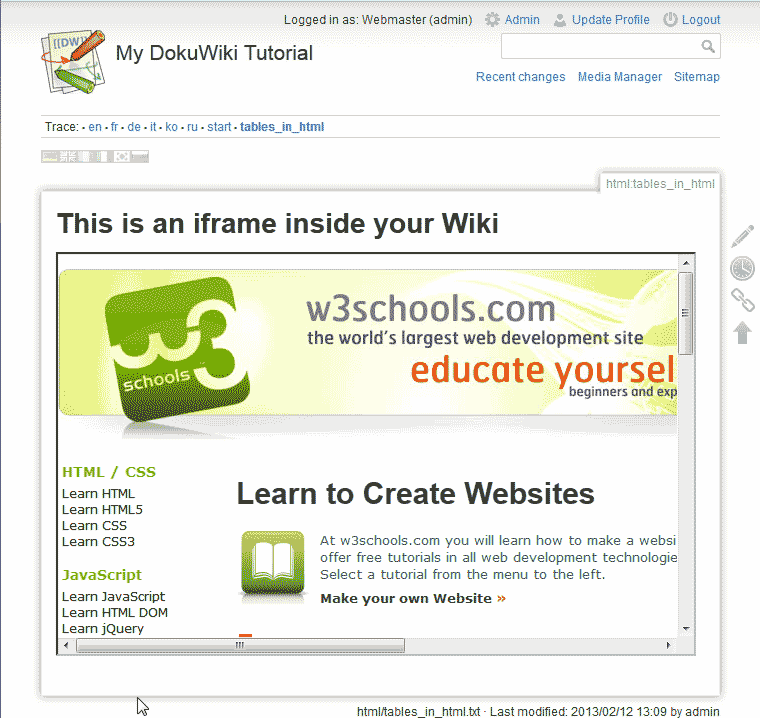 View of iframe in DokuWiki