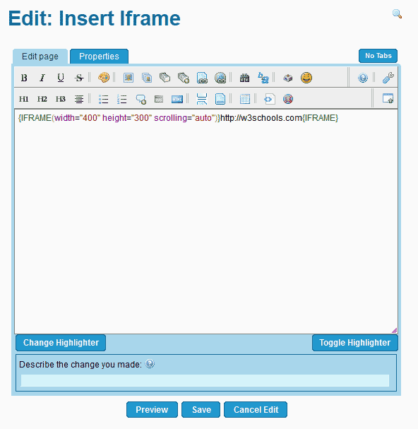 Add iframe code to page TikiWiki