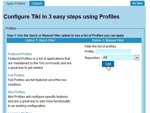 List of available profiles TikiWiki