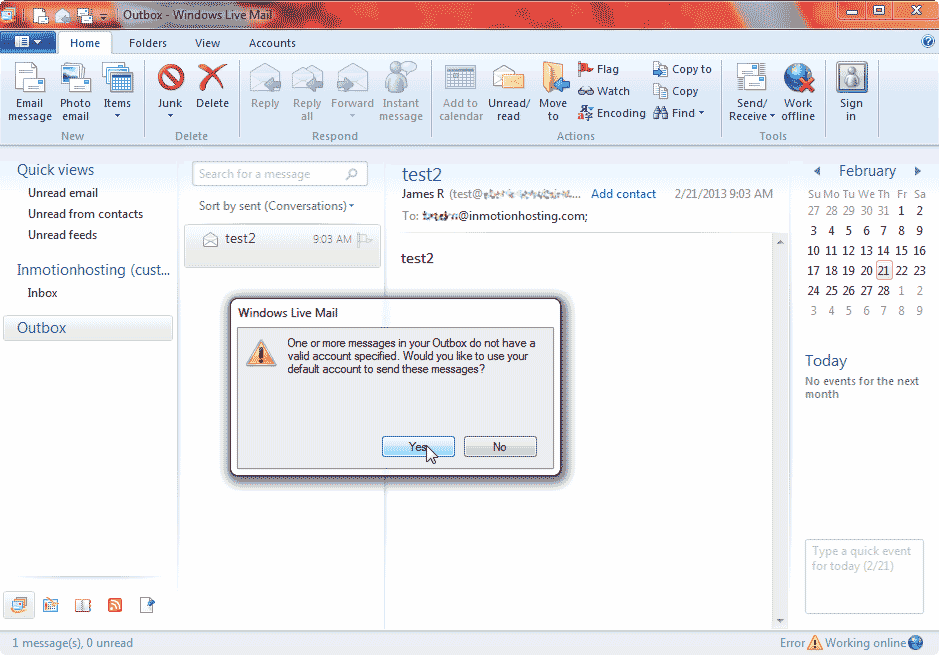 Snapshot of One or more messages in your Outbox do not have a valid account specified. error