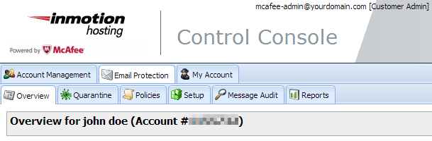 Mcafee control console main page