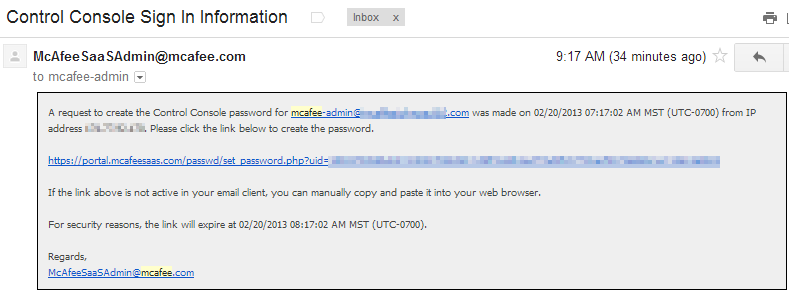 password creation email for mcafee