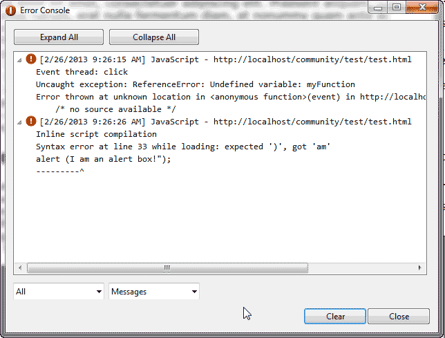 Opera Error Console window